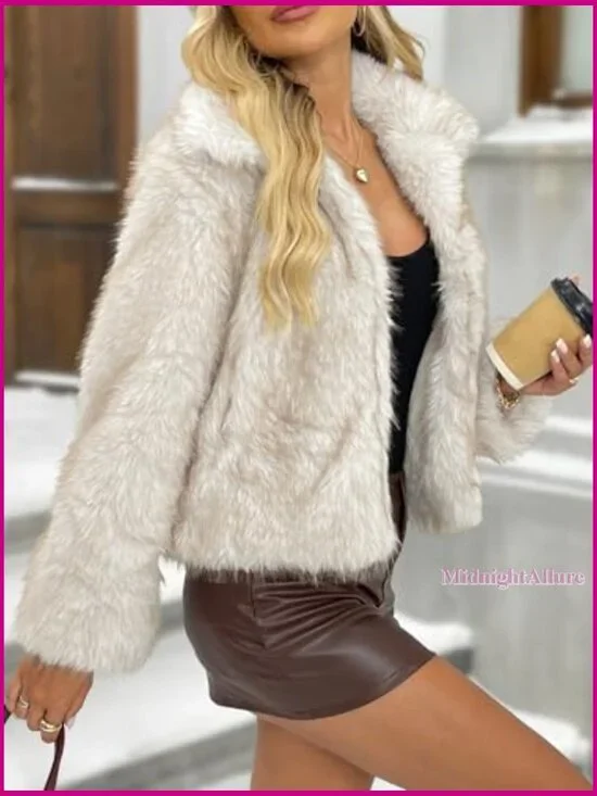 Fluffy Faux Fur Winter Coat with Lapel Collar and Pockets - Picture 3 of 7